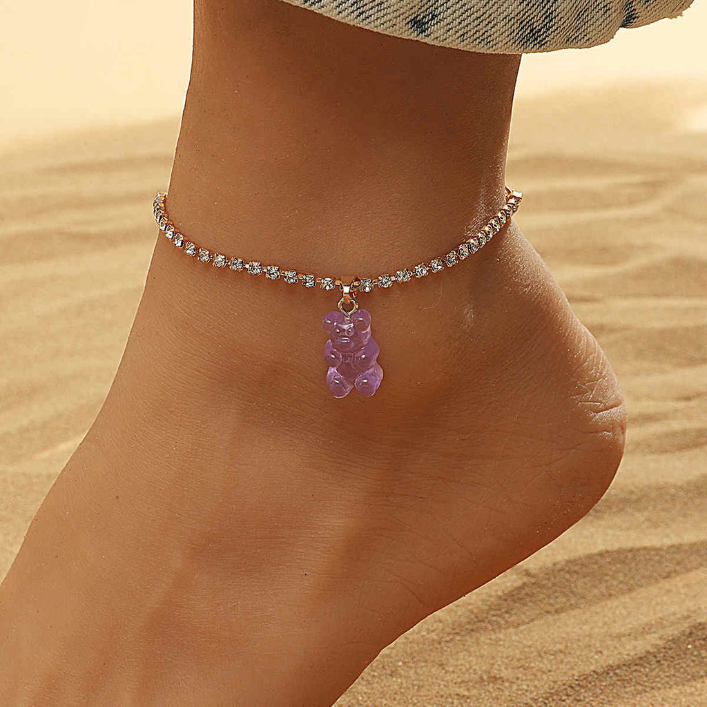 Resin Bear Chain Rhinestone Anklet